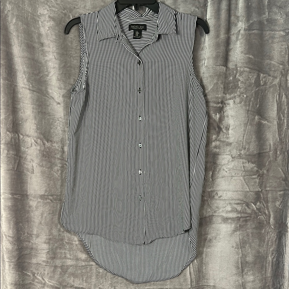 Rachel Zoe Black and White Stripe Sleeveless Blouse Collar